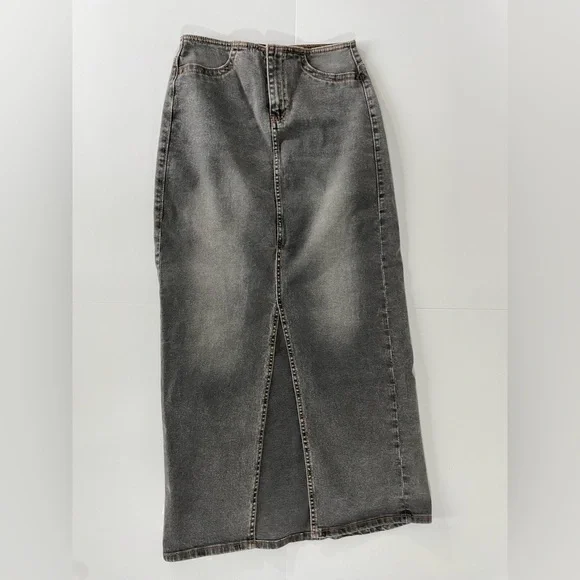 H&M Divided Black Denim Maxi Skirt High Waisted Column Front Vent Size 2 - Picture 3 of 11